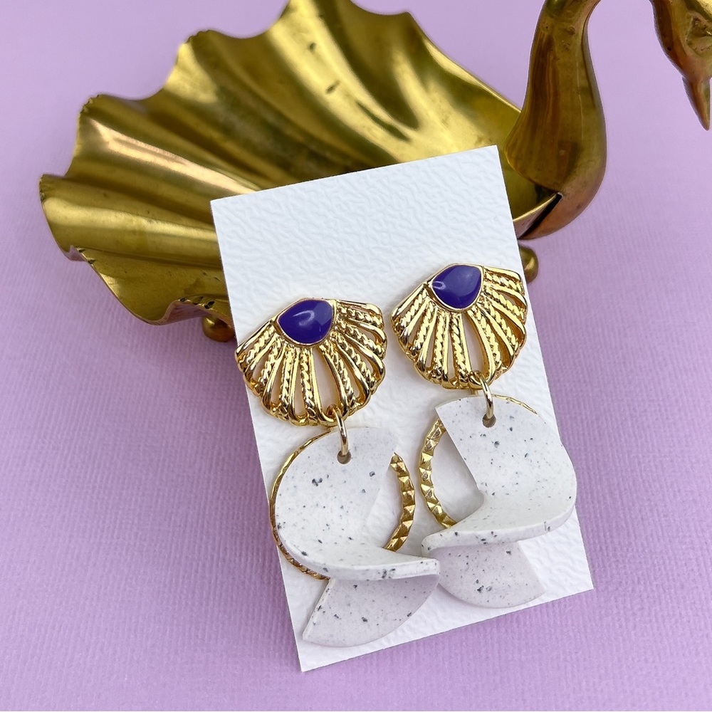 Swirly Granite Style Clay Earrings with Vintage Art Deco Style Gold
